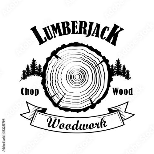 Lumberjack emblem vector illustration. Cot trunk, woods, woodwork text. Logger or woodsman concept for labels or tattoo templates