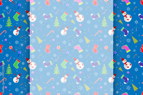 Christmas and New Year background for inscriptions, text. Christmas socks, sweets, trees, snowflakes and snowmen, decorations