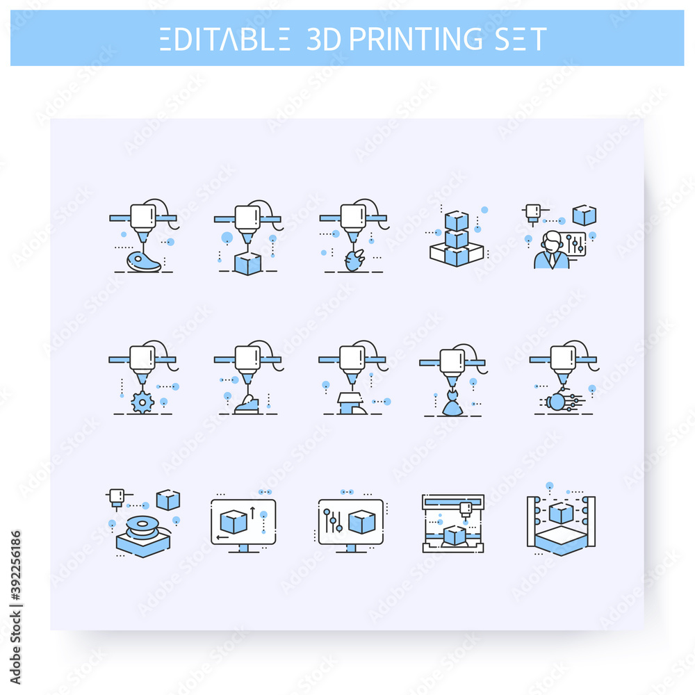 3d printing line icons set line icon. 3d modeling and rendering process. Additive Manufacturing, fabber technology in different industries. Isolated vector illustration. Editable stroke 