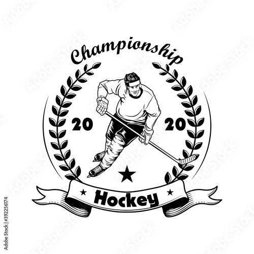 Hockey championship label vector illustration. Ice hockey player in helmet, uniform and skates, laurel wreath, championship text. Sport or fan community concept for emblems and labels templates