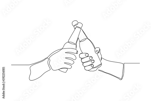 continuous line drawing of hand cheering and holding bottle wine liquor. Vector illustration