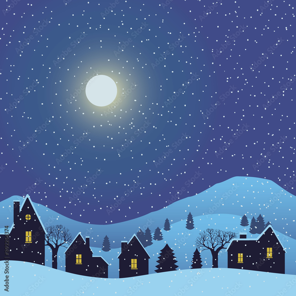 Winter Landscape Village night background. Vector illustration