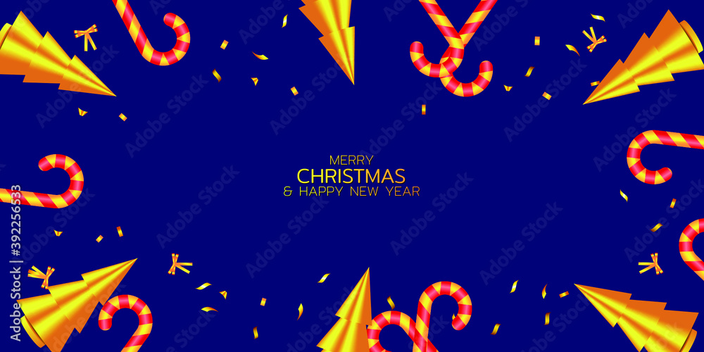 Naklejka premium Merry Christmas and Happy New Year illustration. Winter holiday vector illustration. Composition with candy canes and golden Christmas trees.