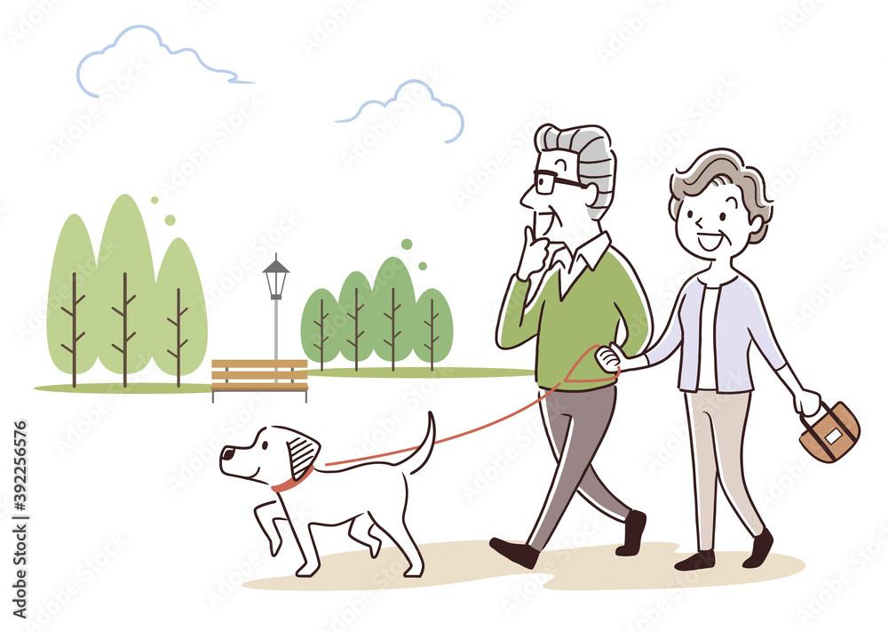 ベクターイラスト素材 犬の散歩をするシニア夫婦 Stock Vector Adobe Stock