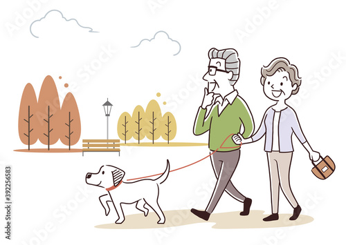 ベクターイラスト素材：犬の散歩をするシニア夫婦
