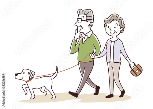 ベクターイラスト素材：犬の散歩をするシニア夫婦

