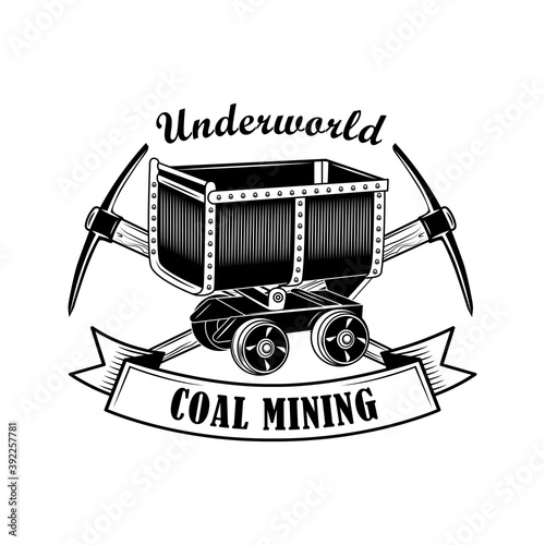 Miners tools vector illustration. Crossed twibills, trolley, text on ribbon. Coal mining industry concept for emblems and badges templates photo