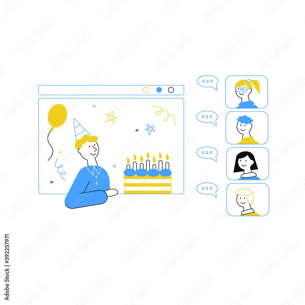 Vector flat illustration of online birthday party. A boy with birthday cake talking with his friends online. Vector flat illustration of online birthday party. A boy with birthday cake talking with his friends online.