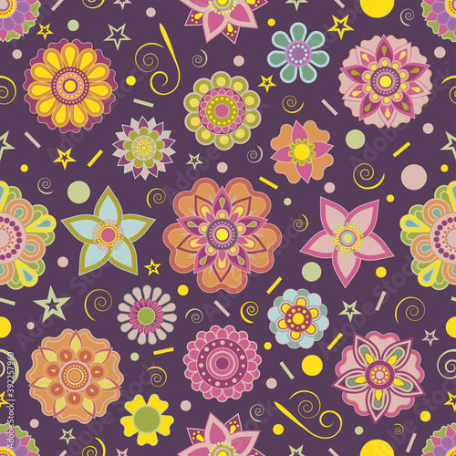 Fototapeta Naklejka Na Ścianę i Meble -  Colorful dreamy motif flower seamless vector pattern design with dark purple background