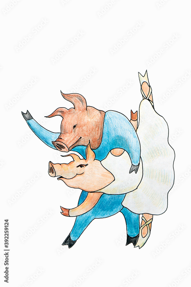 Image drawing of dancing piglets together in a ballet on a white background isolated.