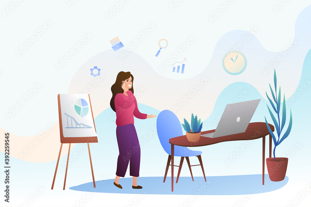 Fototapeta premium Girl marketer talking on the phone in her office. Remote work at home, promotion work. Analytical mental work. Young woman goes to the laptop.