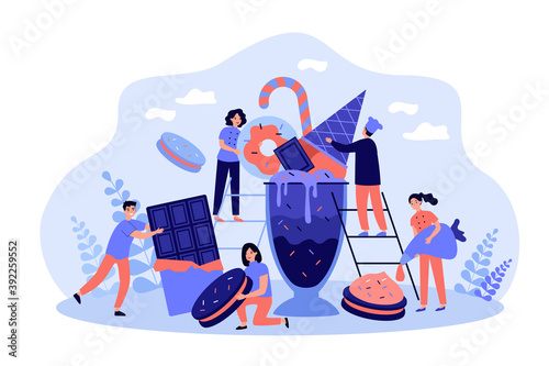 Happy tiny women and men among huge chocolate dessert dishes flat vector illustration. Cartoon characters eating sweet food. Bakery factory and pastry concept