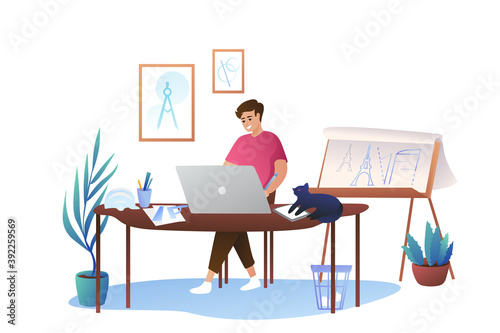 An architect girl sits at a large graphic tablet. Cozy office at home, measuring device. The dachshund is sleeping under the table.