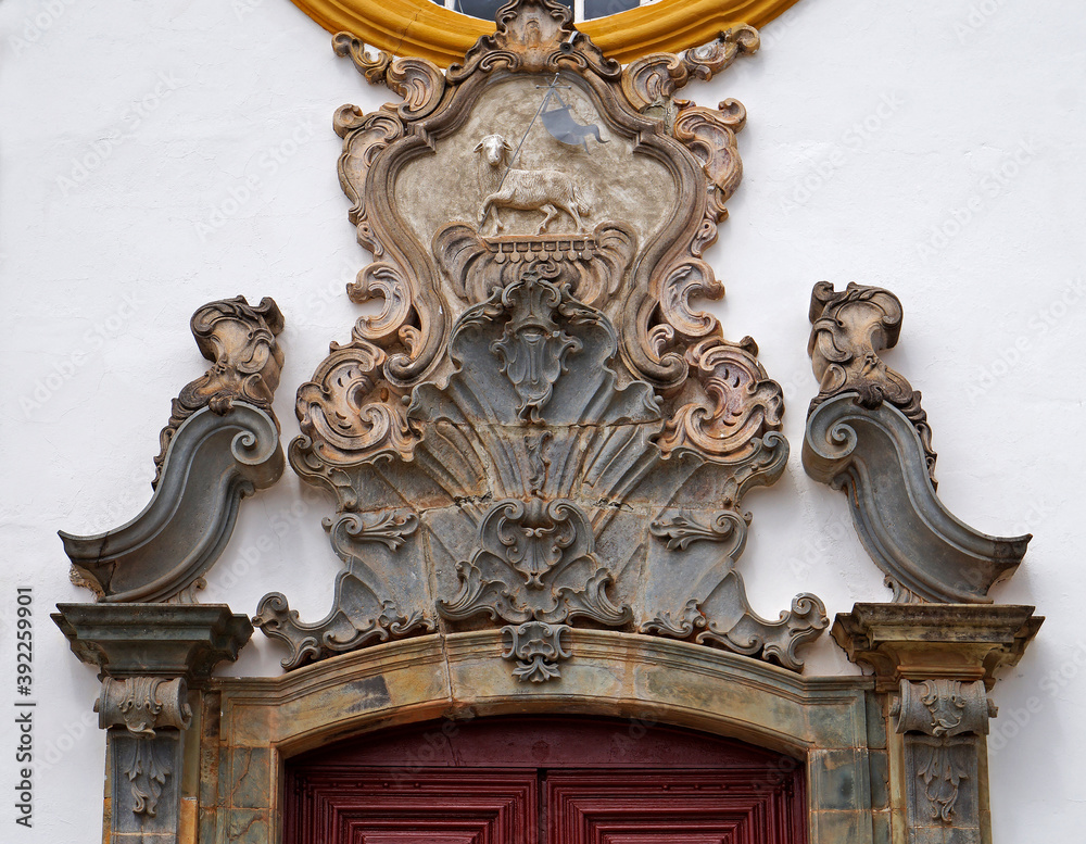 Baroque church facade (detail), Tiradentes, Minas Gerais, Brazil 