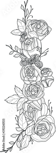 Realistic rose and peony flower bouquet with leafs sketch template. Vector illustration in black and white for games, background, pattern, decor. Print for fabrics. Coloring paper, page, story book