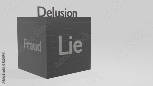 concept of relationships between people. delusion gives rise to fraud and lies. a large gray dark cube with inscriptions. 3D illustration
