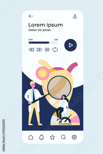 Doctors examining heart of patient suffering from high cholesterol, blood pressure and cardiovascular system disease. Flat vector illustration for health care, anatomy, heart attack risk concept