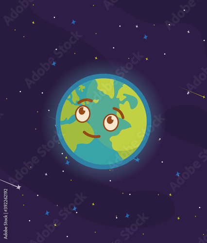 Happy Earth planet character, cute globe with smiley face cartoon vector Illustration