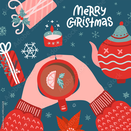 Christmas concept. Woman in sweater holds tea cup. Table with pot, candle and gift boxes flatlay. Christmas vector illustration, top-down composition.