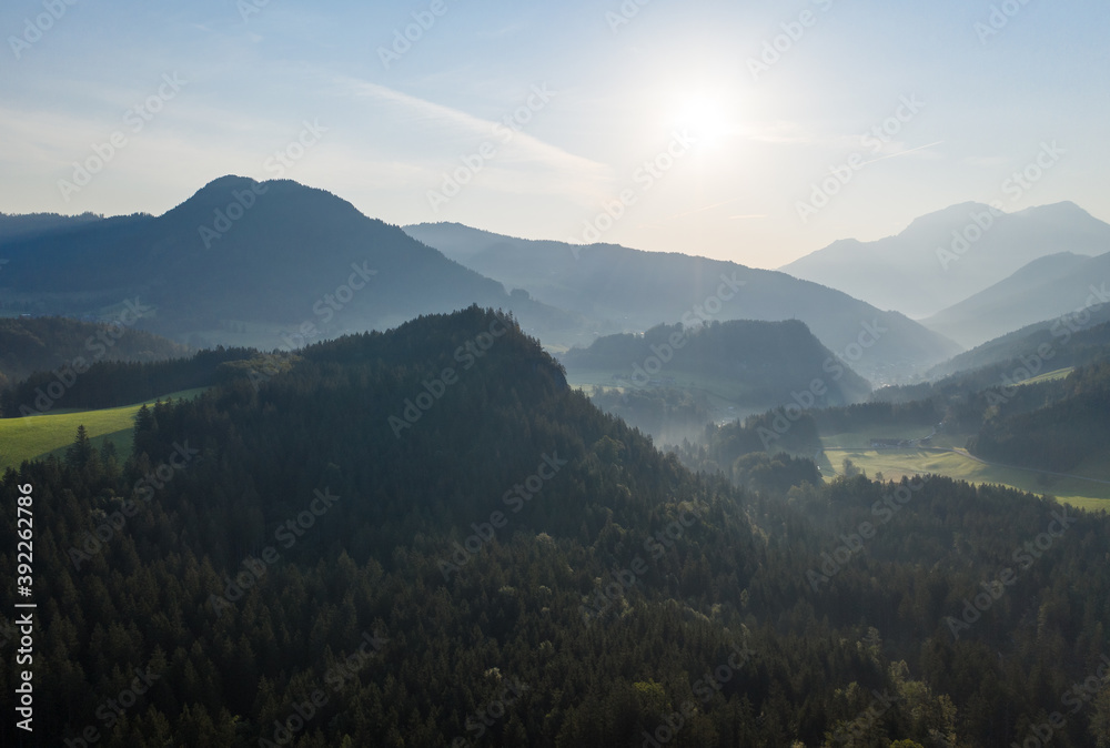 Drone panorama over forest and mountains in Bavaria, Germany