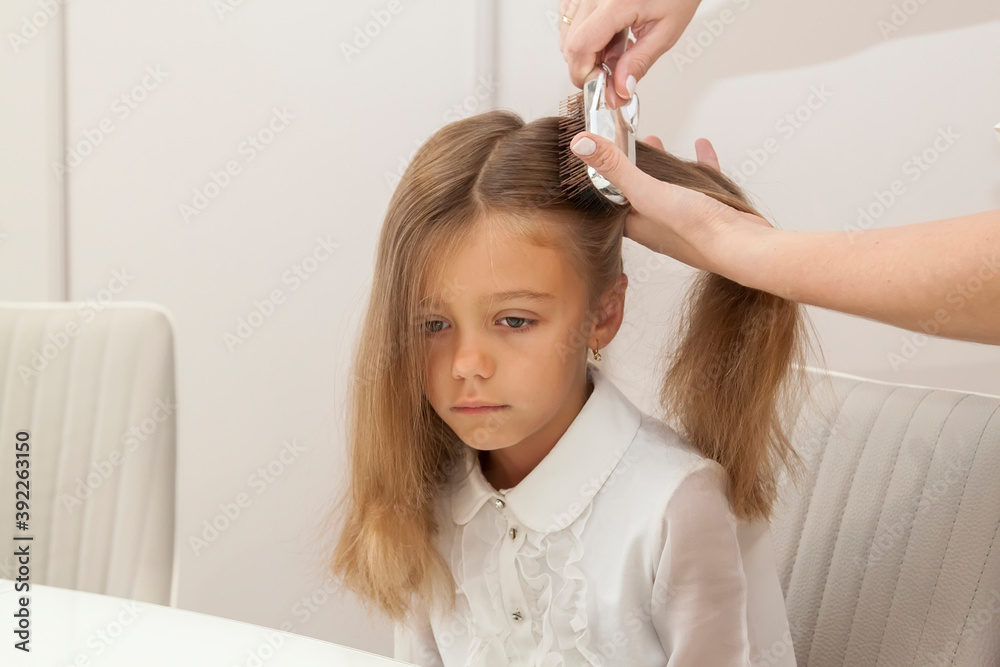 Fototapeta premium Close up view of calm sad schoolgirl schoolgirl with long hair and her mother who is combing her hair at home, they are dressed in white blouses, lifestyle people concept