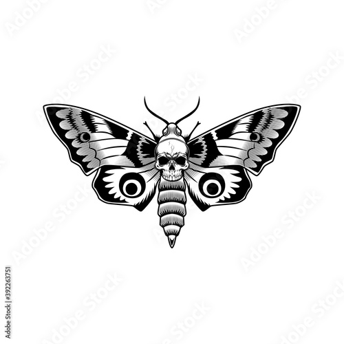 Moth with skull vector illustration. Monochrome butterfly with death symbol. Insect or gothic culture concept emblems and tattoo templates