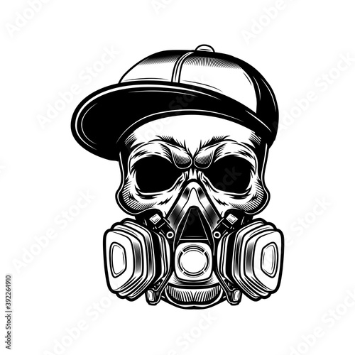 Skull of graffiti artist vector illustration. Head of skeleton in gangster cap and respirator. Street art concept for emblems or tattoo templates