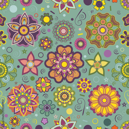 Fototapeta Naklejka Na Ścianę i Meble -  Colorful spring  floral beautiful mandala seamless vector pattern background design