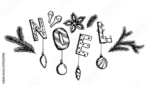 Doodle Noel Lettering Vector Illustration. Christmas object with spice, silver fir tree and decorations for greeting card, poster, x-mas banner, festival poster