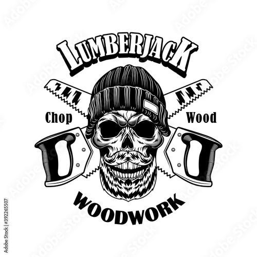 Woodcutter vector illustration. Head of skeleton in beanie hat, crossed saws and woodwork text. Lumberjack job or craft concept for labels or tattoo templates