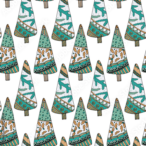Nice Doodle Christmas Tree Vector seamless pattern. Festive home decoration for Winter Holidays. Isolated doodle object for new year design, x-mas banner, hygge poster, sticker. EPS10