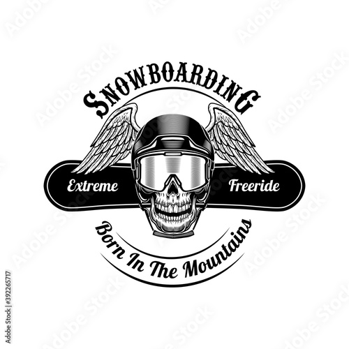 Skull of snowboarder with wings vector illustration. Head of skeleton in helmet, extreme freeride text on board. Winter activity and sport concept for ski resort or club emblems templates