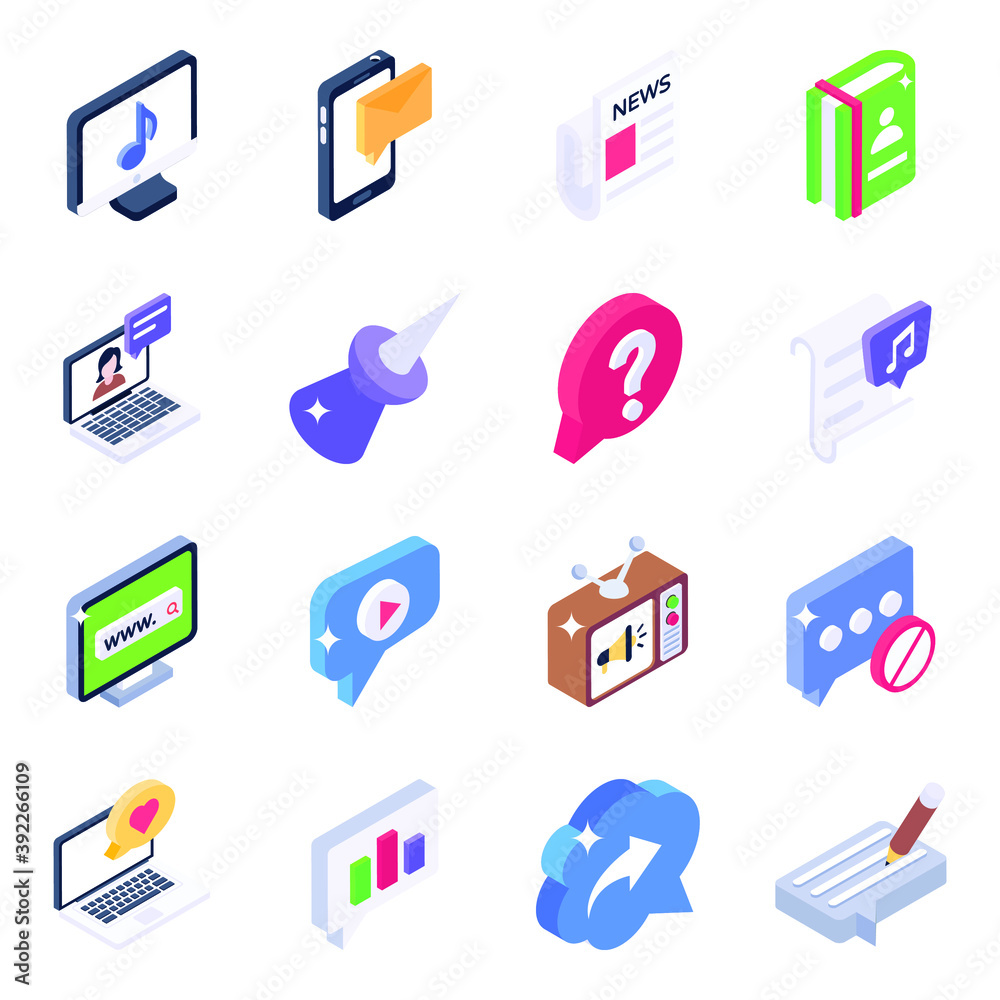 Unique Media and Communication Icons in Isometric Style
Unique Media and Communication Icons in Isometric Style