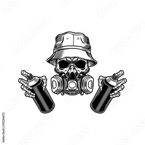 Skull of street artist vector illustration. Head of skeleton in panama and respirator holding paints. Street art concept for emblems or tattoo templates