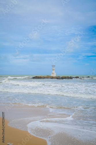 Khao lak lighthouse at Phang Nga Province. Lighthouse located in the middle of the sea, Hightlight of Nang Thong Beach. There are beautiful rocks sparsely, soft white sand.