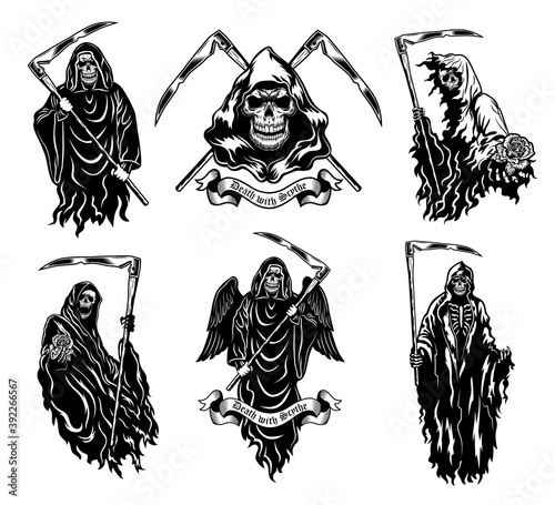 Death with scythe vector illustrations set. Skeleton in black hooded gown standing, walking, giving flower. Halloween or horror concept for badges, emblems or tattoos templates