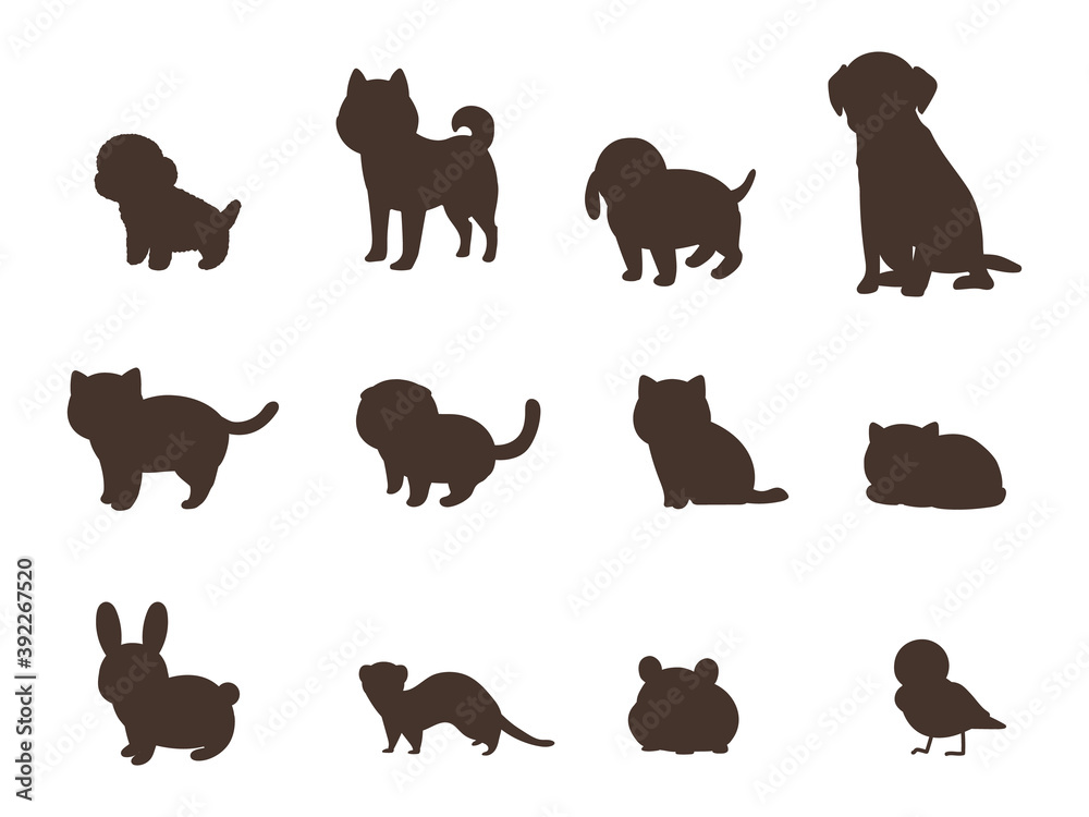 ペット　動物のシルエット　犬と猫と兎とフェレットとハムスターと小鳥