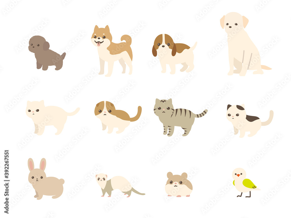 ペット　動物のベクターイラストセット　犬、猫、兎、小動物