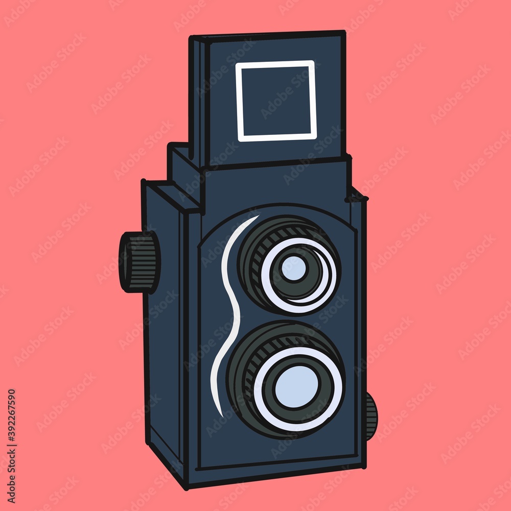 Retro camera in a flat style on a colored background. Vintage film camera. 