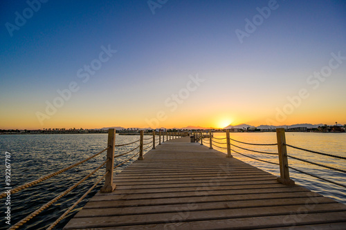 Wooden Pier on Red Sea in Hurghada at sunset  View of the promenade boardwalk - Egypt  Africa