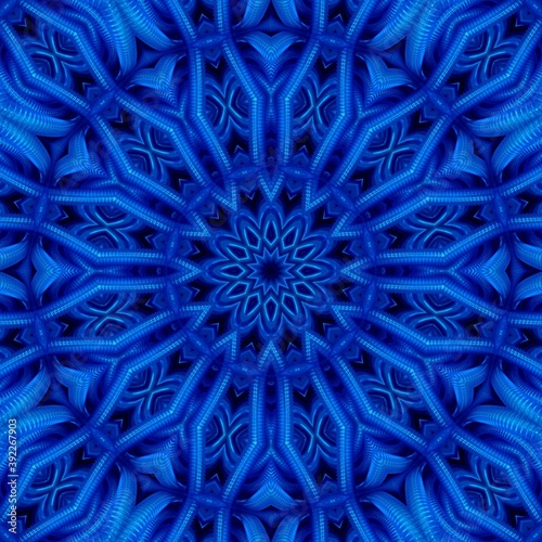 royal blue pvc plastic hose background transformed by reflection to unique abstract floral fantasy patterns and square designs of a modern art style