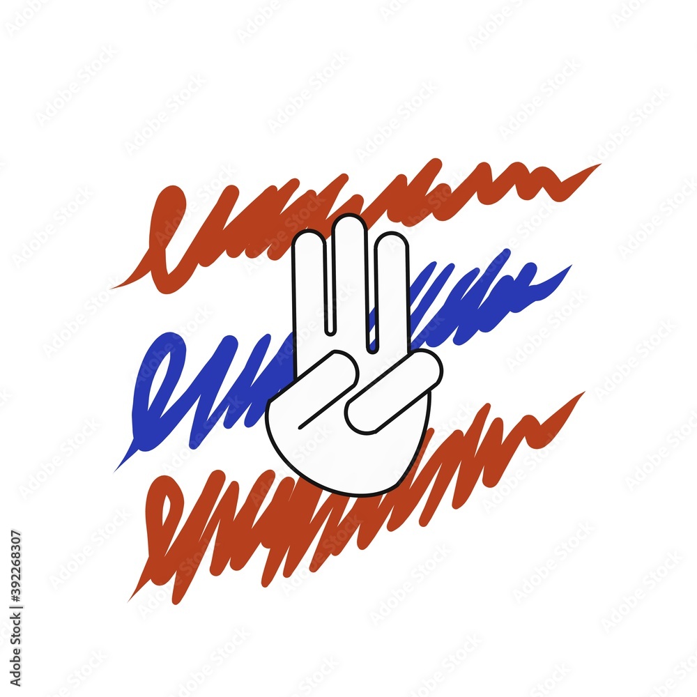 Fototapeta premium Raising three fingers to support democracy on the national flag. Male hand hand shows number three.