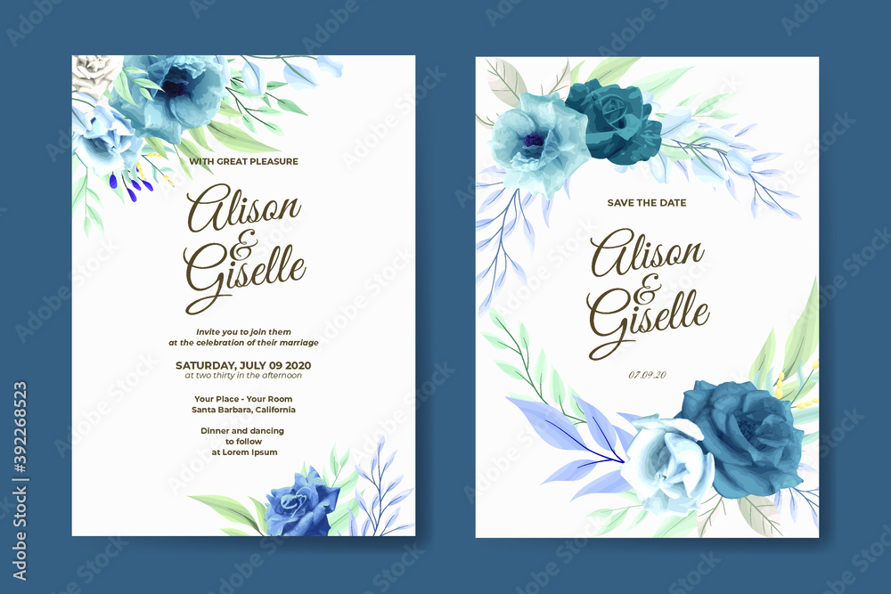 Wedding invitation template with blue rose flower set
Wedding invitation template with blue rose flower set