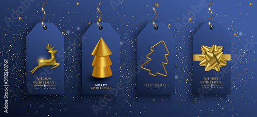 Christmas New Year gold 3d deer ornament tag set