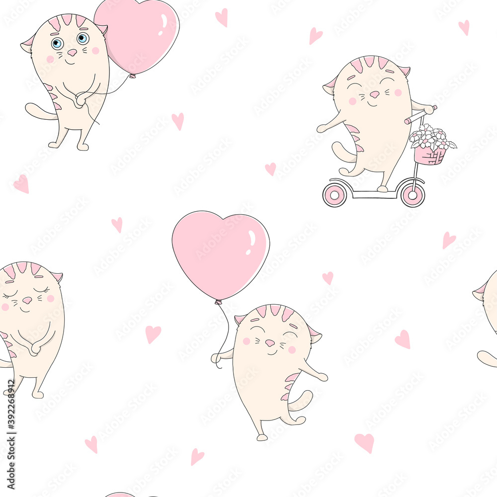 Seamless pattern with cute cats with ballon in the shape of a heart. For packaging, greetings, parties. Colorful vector illustration for Valentine's day. Seamless pattern with cute cats with ballon in the shape of a heart. For packaging, greetings, parties. Colorful vector illustration for Valentine's day.