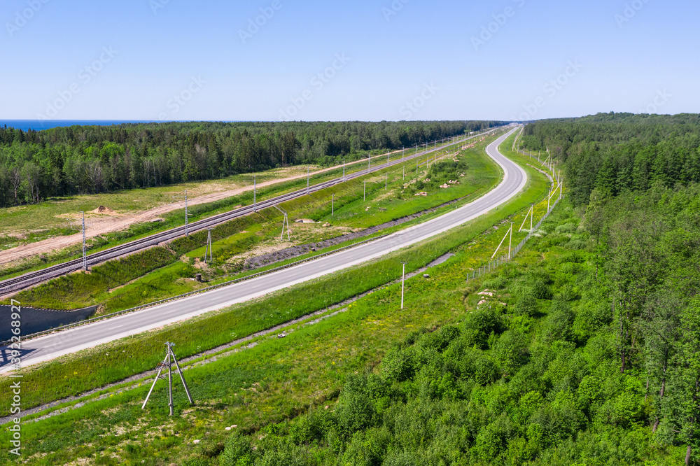 Highway, railway and power poles among the forest on the plain.