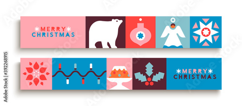 Merry Christmas minimalist folk icon banner set