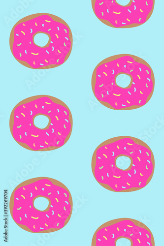 Seamless pattern with donuts on blue board. Cute sweet food baby background. Colorful design for textile, wallpaper, fabric, decor. Design for packaging, banner, poster, menu in the bakery
