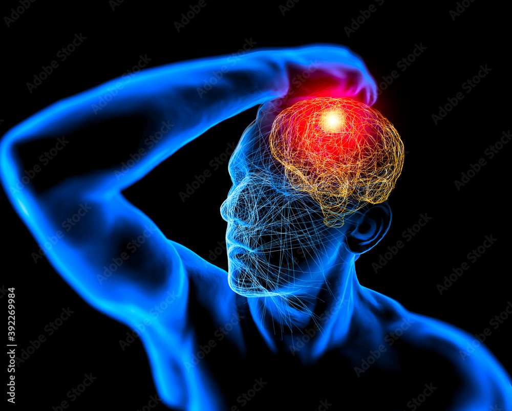 Illustrazione Stock Skull, pain, headaches, neurons, synapses, neural