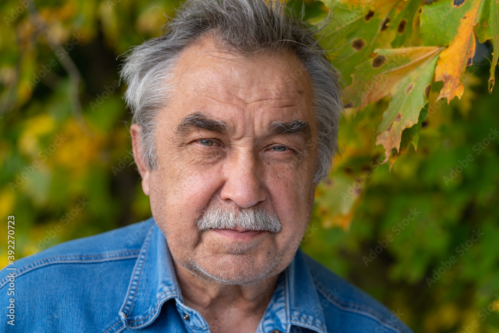 Portrait of a 70-year-old elderly man who calmly and attentively looks at the camera.